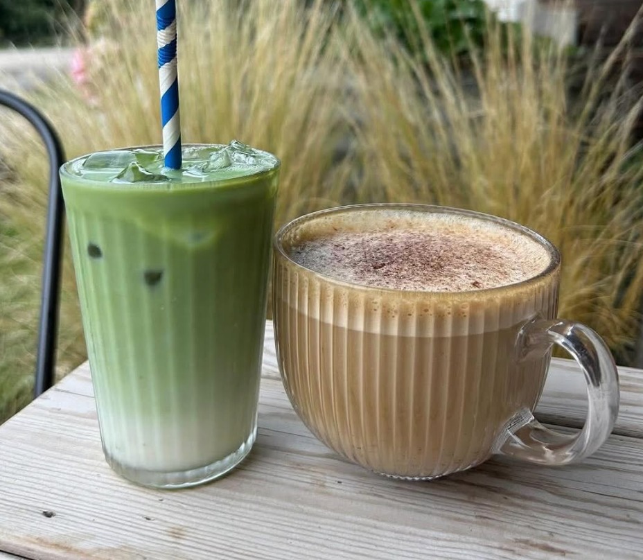 Iced matcha latte and coffee at the Street Croft Farm caf&eacute;