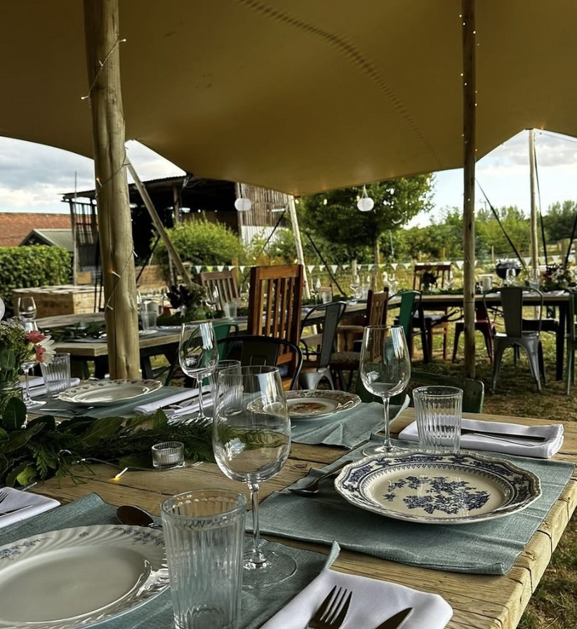 Feast on the Farm table setting under the marquee at Street Croft Farm
